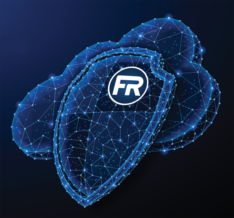 A digital illustration of a blue shield made of glowing network lines and dots, with the letters FR inside a circle, layered over cloud icons on a dark background, symbolizing cloud security and FedRAMP compliance.