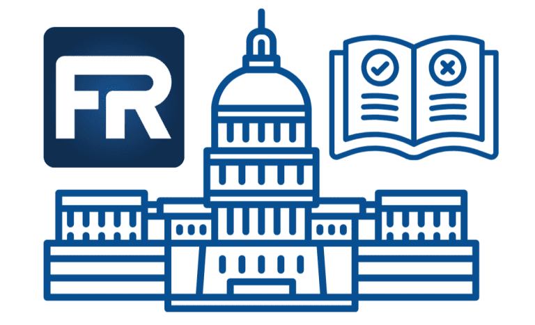A blue outline of the US Capitol building, an open book with check and cross marks, and a square logo with the letters FR are shown on a white background, symbolizing FedRAMP compliance.