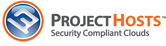 Logo for Project Hosts featuring a blue and white circular emblem to the left, with the words PROJECT HOSTS Security Compliant Clouds in gray and orange text to the right.