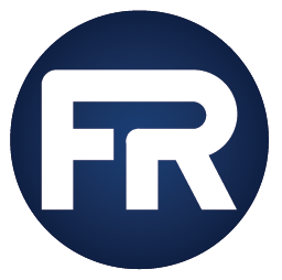 White stylized letters FR are centered on a dark blue circular background. The letters are bold and modern, partially connected in a minimalist design.