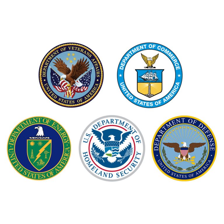 Five circular seals of U.S. government departments—Veterans Affairs, Commerce, Energy, Homeland Security, and Defense—are arranged in two rows on a white background, reflecting our approach to unified representation.