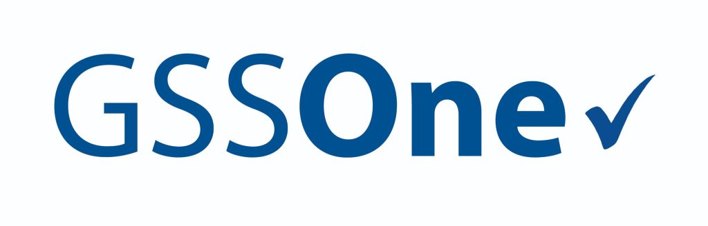 The image features the text GSSOne in bold blue letters, with a blue check mark integrated at the end of the word. The white background highlights our approach to modern, clean branding.