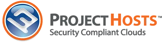Project Hosts logo with a blue and silver circular emblem on the left and the text PROJECT HOSTS Security Compliant Clouds to the right, highlighting cybersecurity compliance with HOSTS in orange and the rest in gray.
