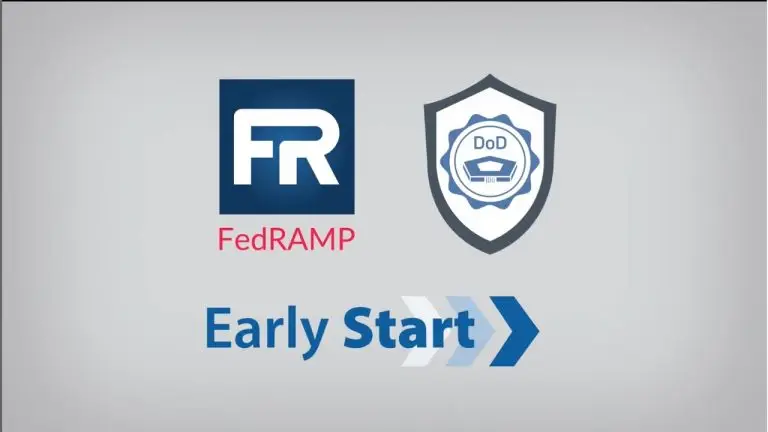 Logos for FedRAMP and the Department of Defense appear above the words Early Start with blue arrow graphics on a light gray background.