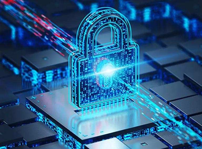 A glowing digital padlock sits atop circuitry, symbolizing cybersecurity and data protection within the FedRAMP process. Blue and red data streams flow around the lock, highlighting secure access and interconnected electronic components.