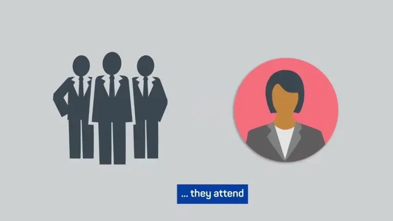 A graphic overview shows three faceless people in suits on the left and a single Project Host in a suit within a pink circle on the right. Below them is a blue box with the text ... they attend.