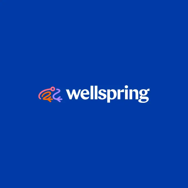 Logo for Wellspring on a blue background, featuring the brand name in white text next to a simple, stylized frog graphic in orange and purple—perfectly reflecting a commitment to long-term success.