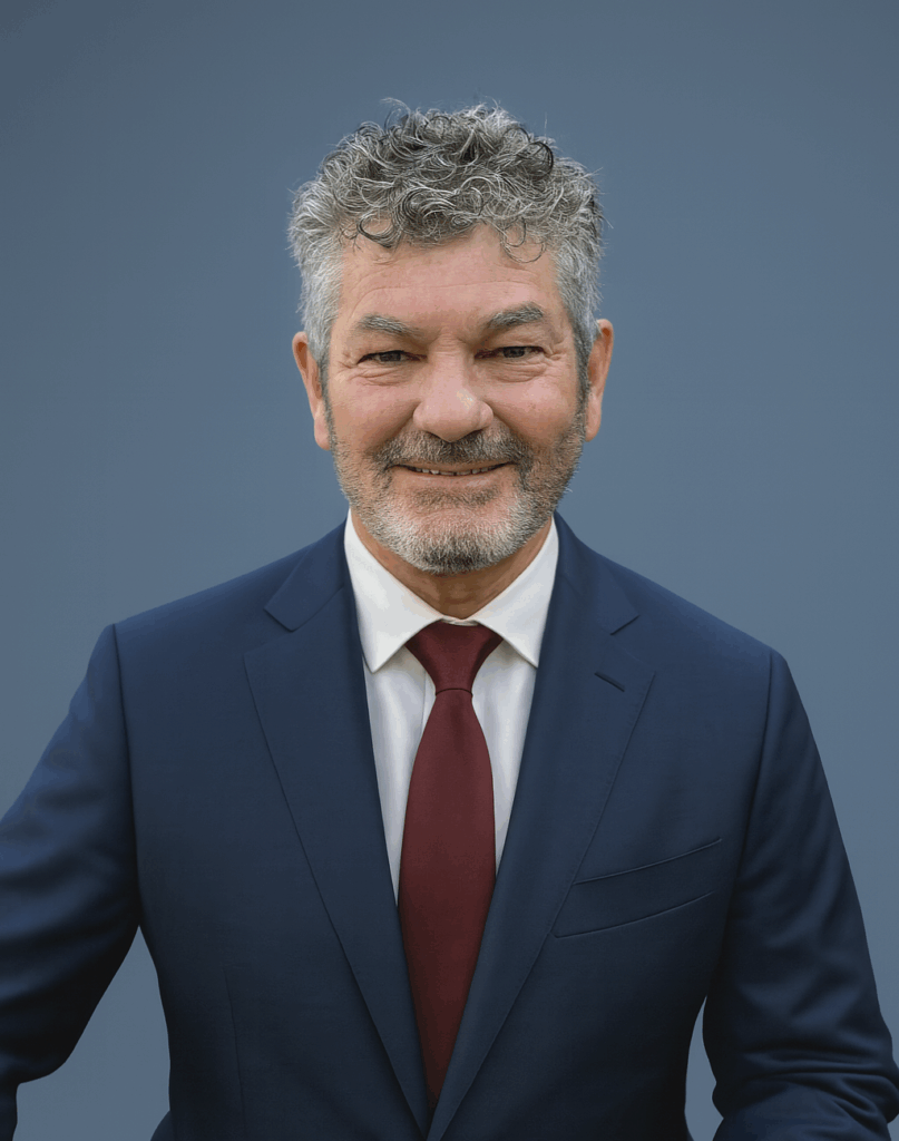 A middle-aged man with curly gray hair and a beard, wearing a navy blue suit, light blue shirt, and brown tie, smiling in front of a plain gray background.