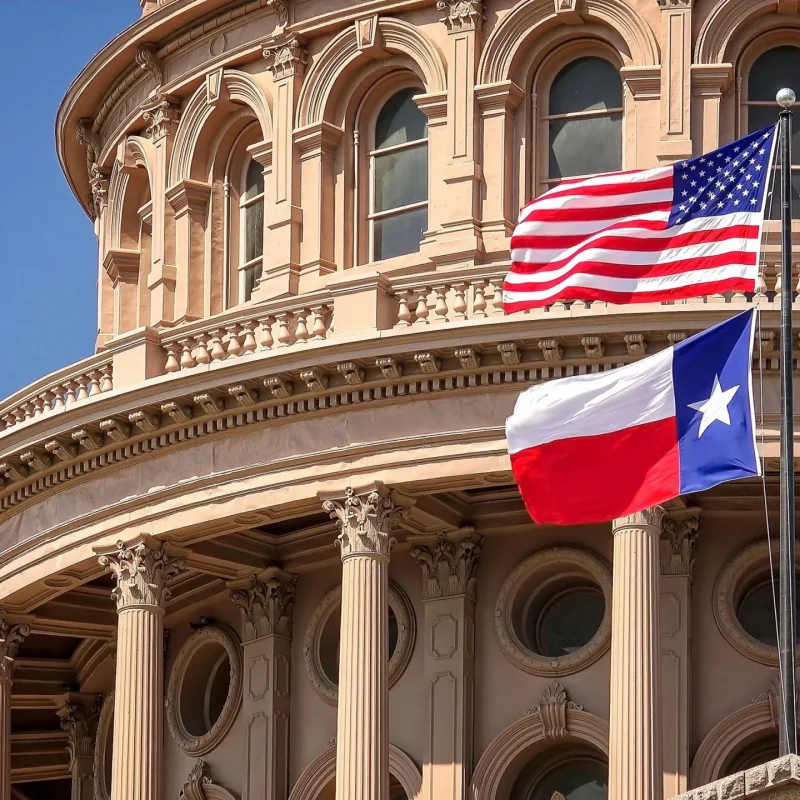 American and Texas state flags flying on the dome of the Texas State Capitol building in Austin